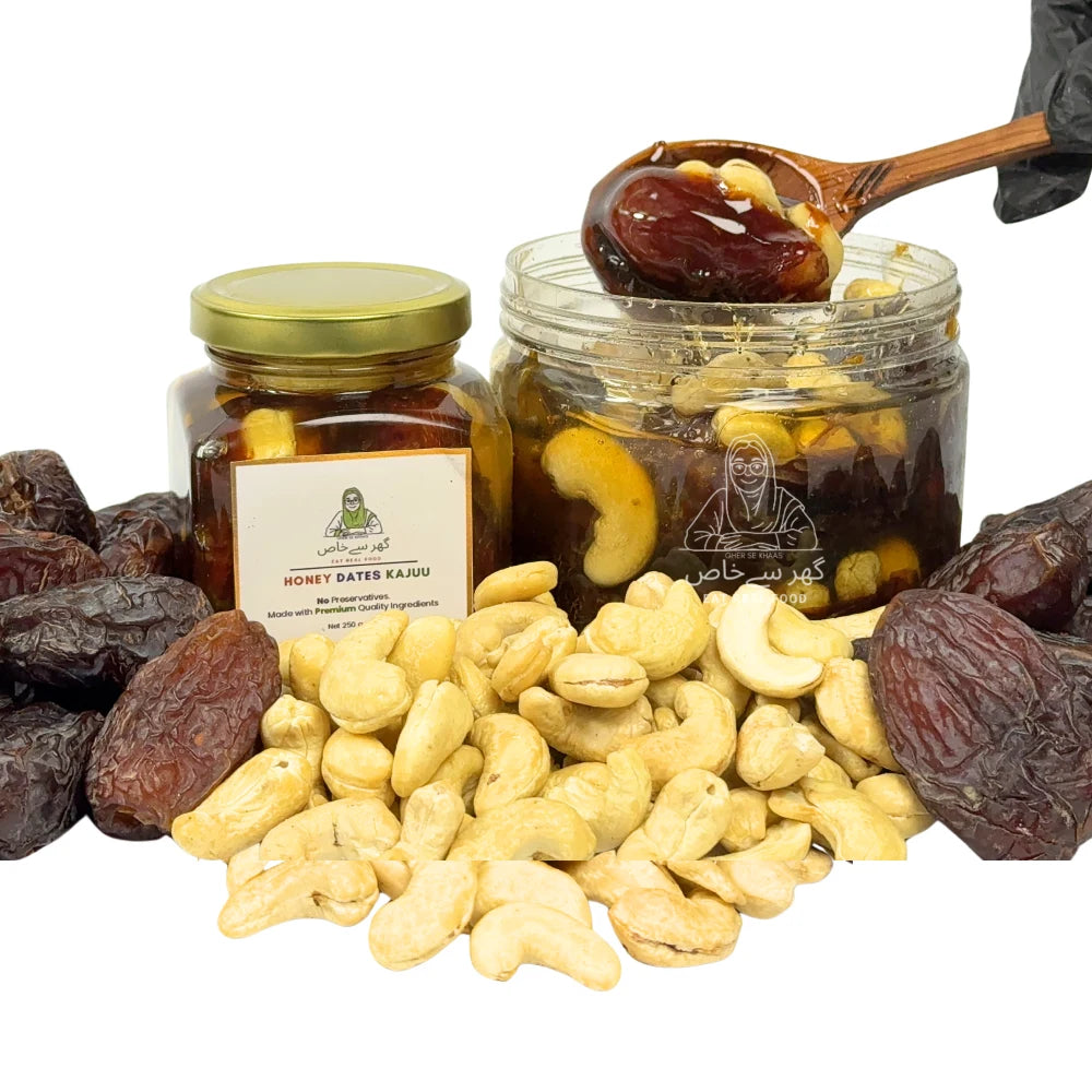 Raw Zafrani Honey Mejdool Khajoor Kaju | Premium Honey Saffron With Mejdool Dates & Cashews In Pakistan | Gher Se Khaas
