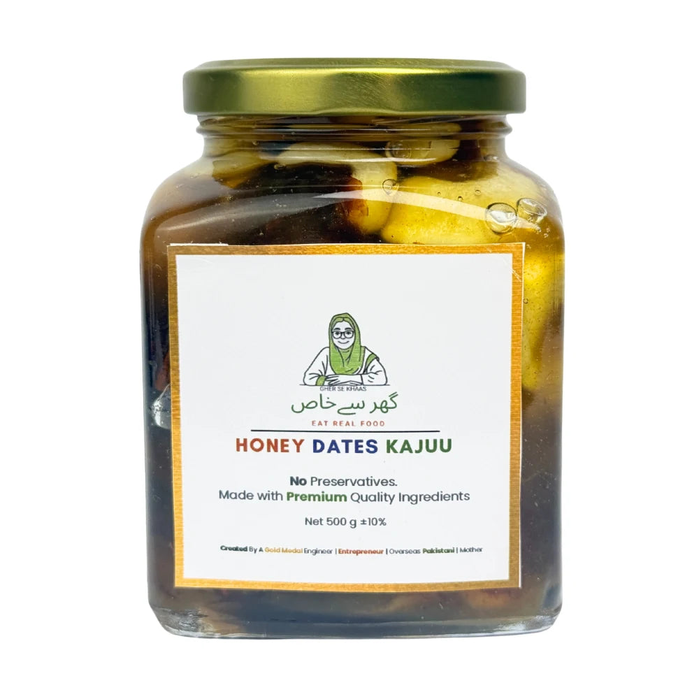 Raw Zafrani Honey Mejdool Khajoor Kaju | Premium Honey Saffron With Mejdool Dates & Cashews In Pakistan | Gher Se Khaas