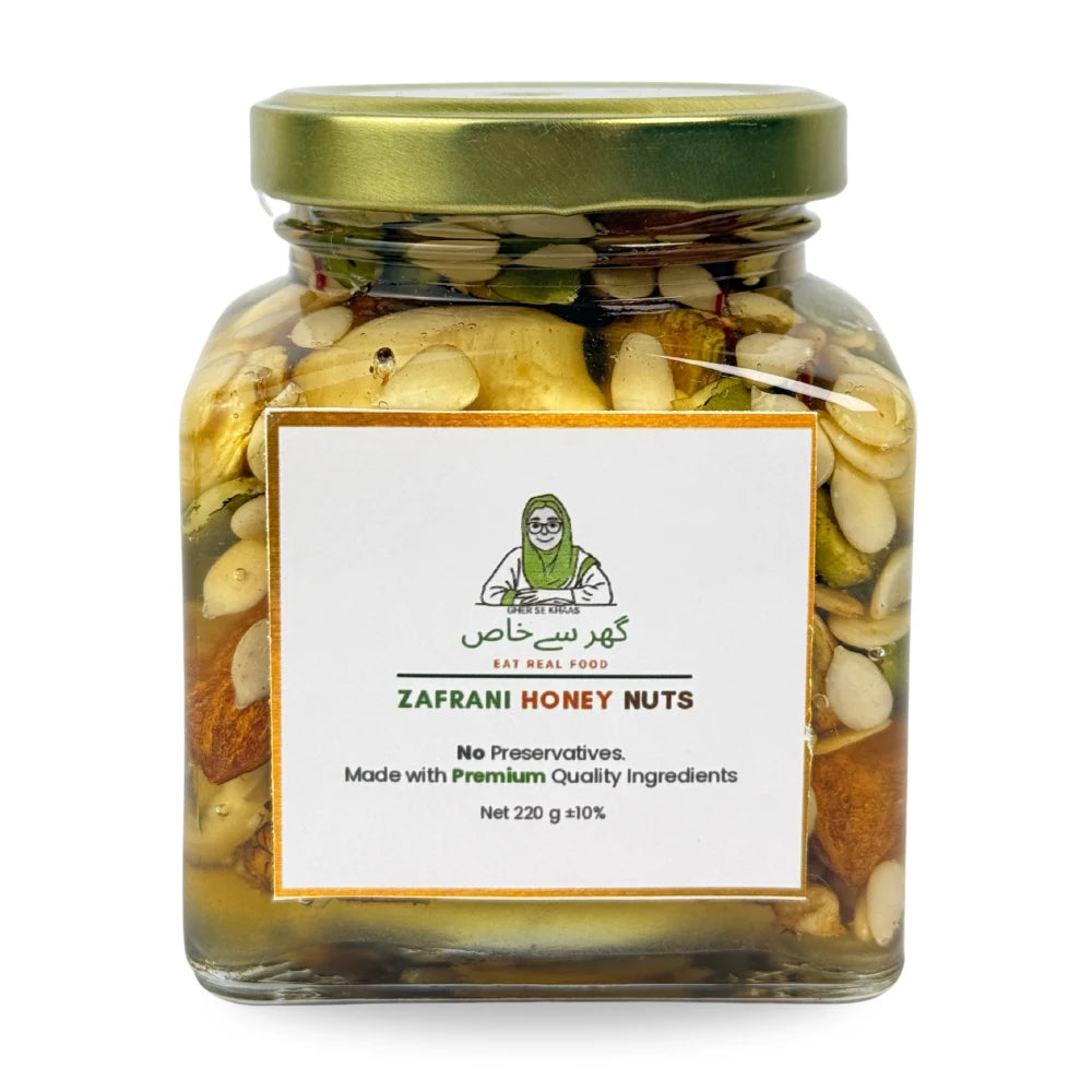 Zafrani Honey Nuts | Raw Honey Saffron With Premium Mixed Nuts & Seeds In Pakistan | Gher Se Khaas