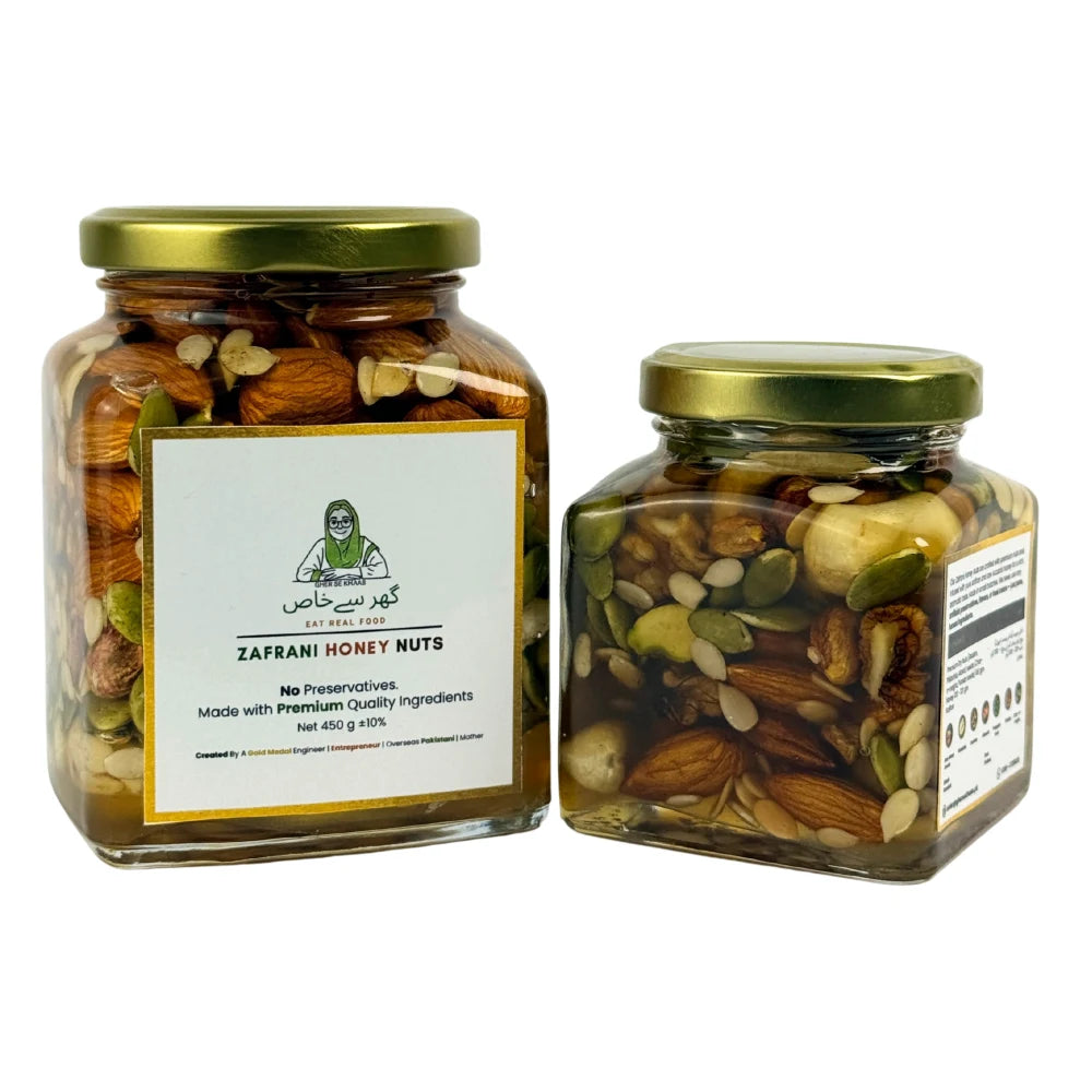 Zafrani Honey Nuts | Raw Honey Saffron With Premium Mixed Nuts & Seeds In Pakistan | Gher Se Khaas
