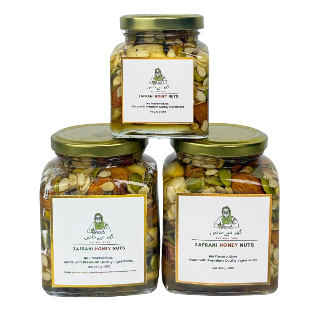 Zafrani Honey Nuts | Raw Honey Saffron With Premium Mixed Nuts & Seeds In Pakistan | Gher Se Khaas