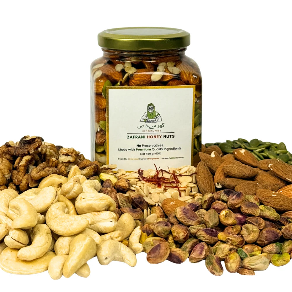 Zafrani Honey Nuts | Raw Honey Saffron With Premium Mixed Nuts & Seeds In Pakistan | Gher Se Khaas