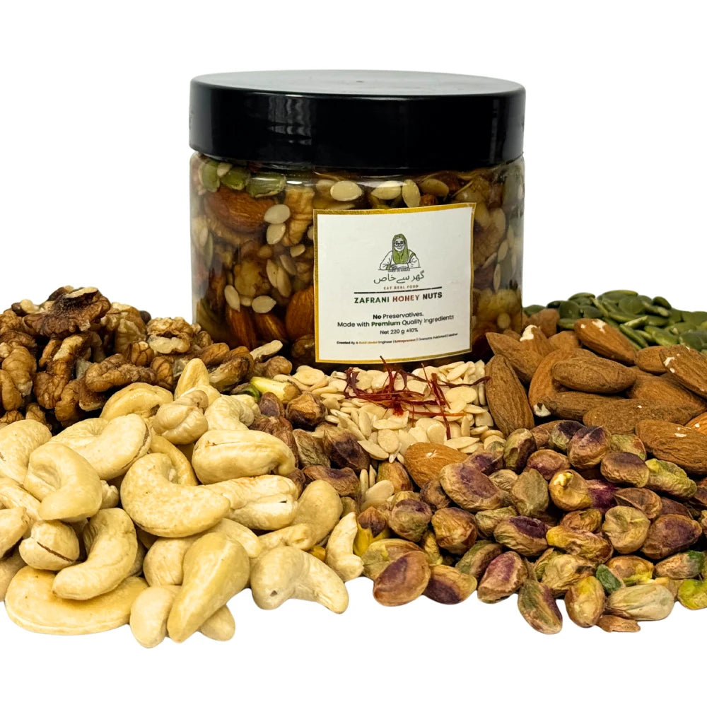 Zafrani Honey Nuts | Raw Honey Saffron With Premium Mixed Nuts & Seeds In Pakistan | Gher Se Khaas